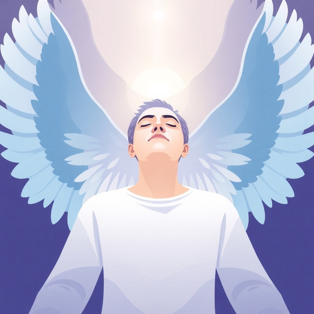 A stylized image of a person receiving angelic healing. Angelic figures surround the person, radiating light and energy. The person appears relaxed and at peace. Use a color palette of soft blues, purples, and whites to convey a sense of calm and healing.
