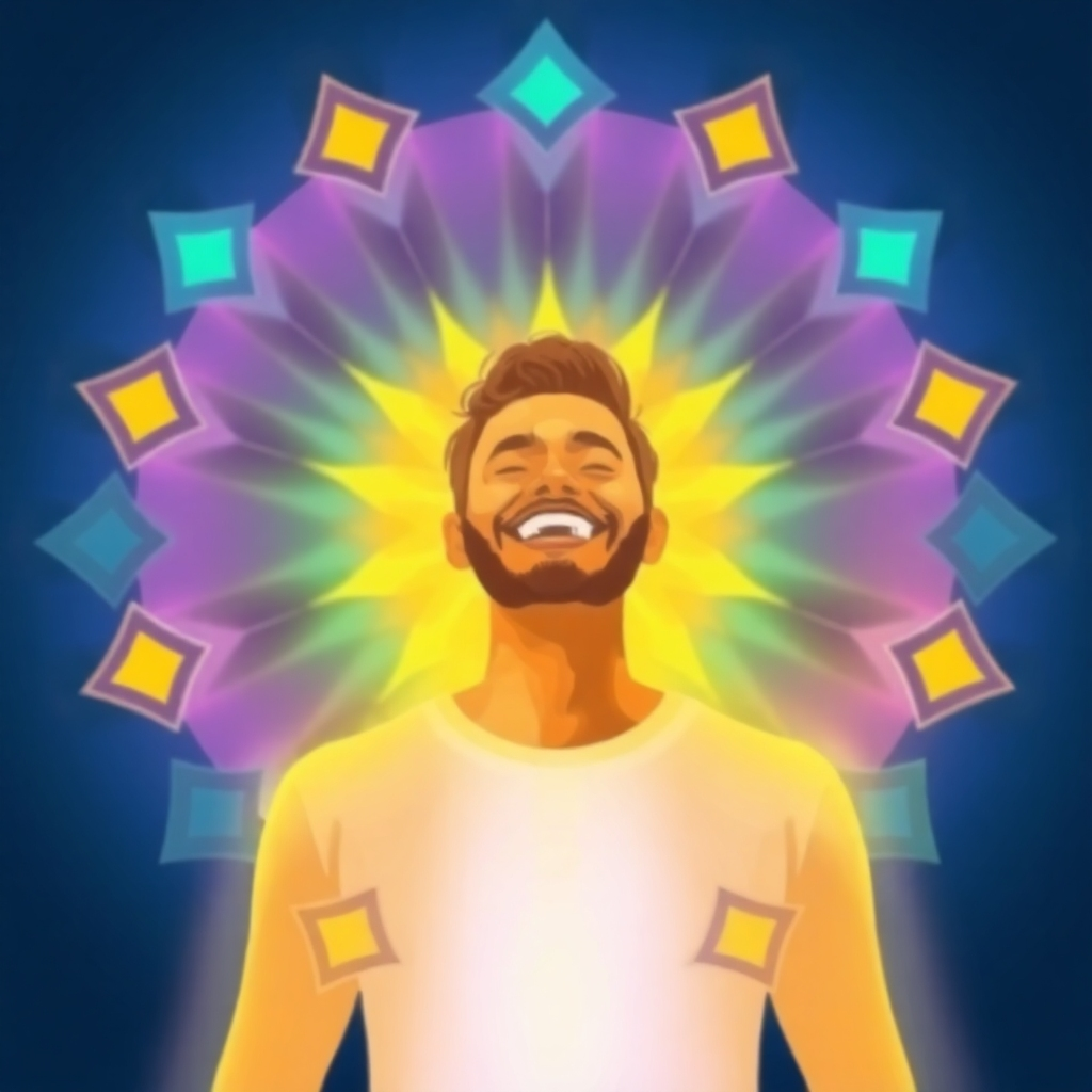 A stylized image of a person surrounded by a glowing aura of light. The aura is composed of vibrant colors and geometric patterns, representing high-vibrational energy. The person appears joyful and radiant. Use a color palette of bright, vibrant colors to convey a sense of energy and vitality.
