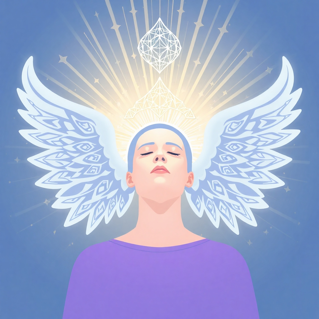 A stylized image of a person surrounded by radiating light and angelic wings. The light is composed of intricate patterns and geometric shapes, representing angelic frequencies. The person appears serene and at peace, with their eyes closed. Use a color palette of soft blues, purples, and whites to convey a sense of calm and healing.