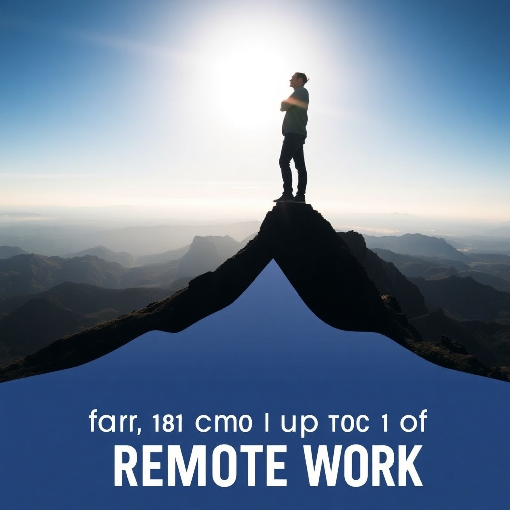 A stylized image of a person standing on top of a mountain peak, bathed in sunlight. The person is silhouetted against the bright sky, exuding confidence and strength. The background features a vast and beautiful landscape, symbolizing the limitless potential of remote work. Style: Motivational and aspirational. Camera angle: low angle, looking up at the person on the mountaintop.