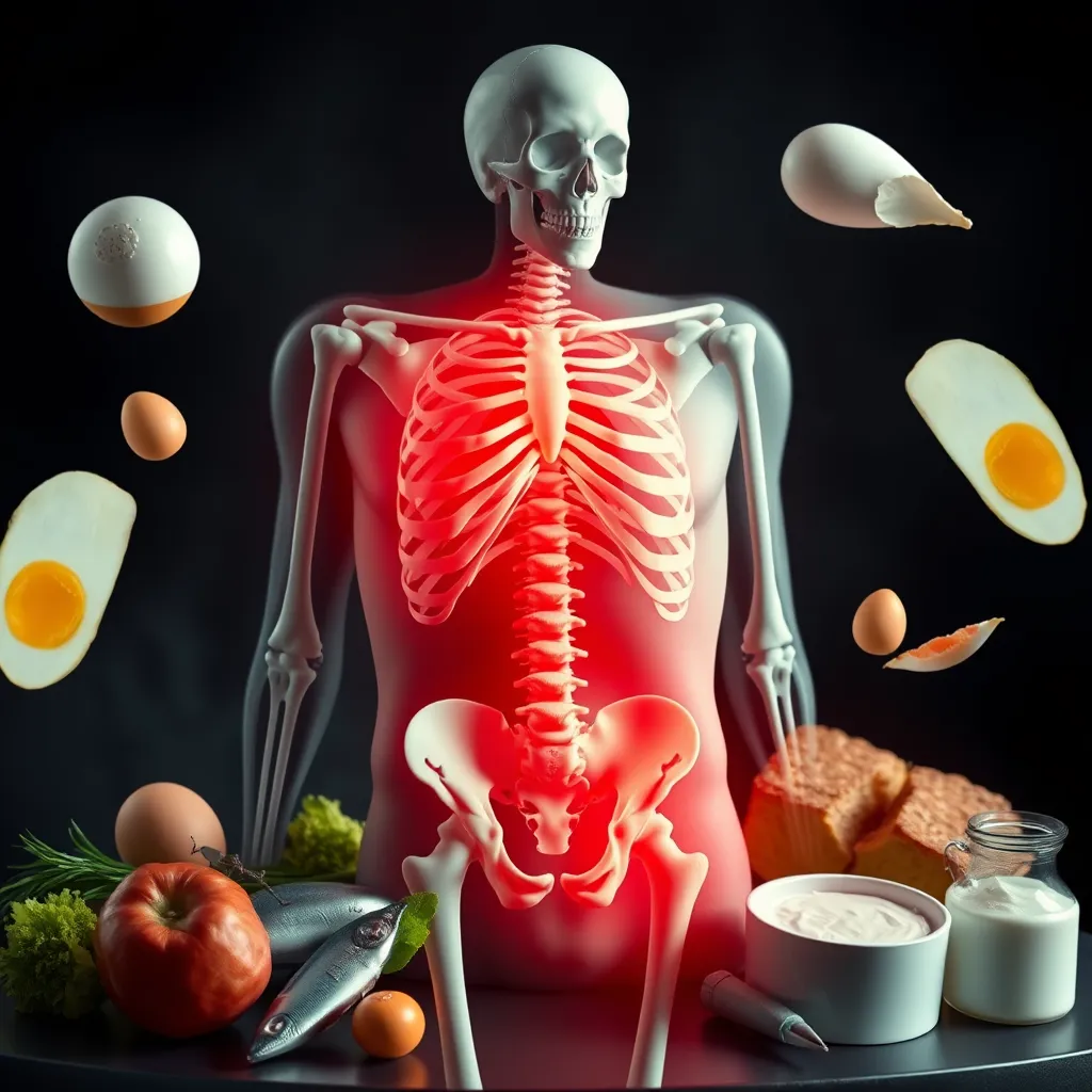 A stylized image of a person's body, with a skeleton overlaid on the surface. The skeleton is highlighted in a bright red color, representing the weakened state of the body due to nutrient deficiencies. Surrounding the body are various nutrient-rich foods, such as eggs, fish, and dairy products, emphasizing the importance of these missing elements in a vegan diet. The background can be a dark, almost abstract, space representing the potential for health problems.