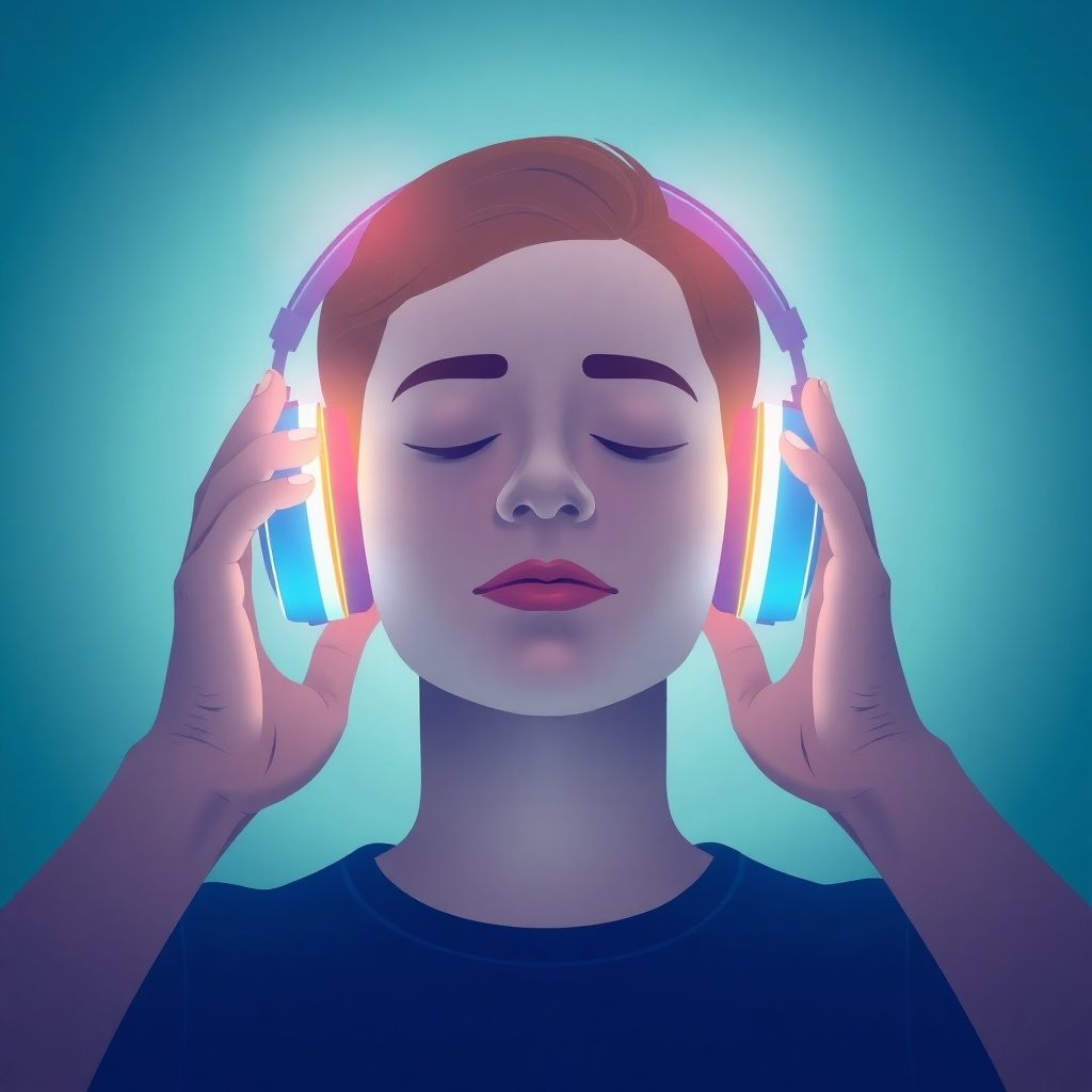 A stylized image of a person using headphones to listen to a guided meditation. The headphones are glowing with light, representing the reprogramming process. The color palette is calming and peaceful, with blues and greens. The person is relaxed and focused. 4k resolution, high quality.