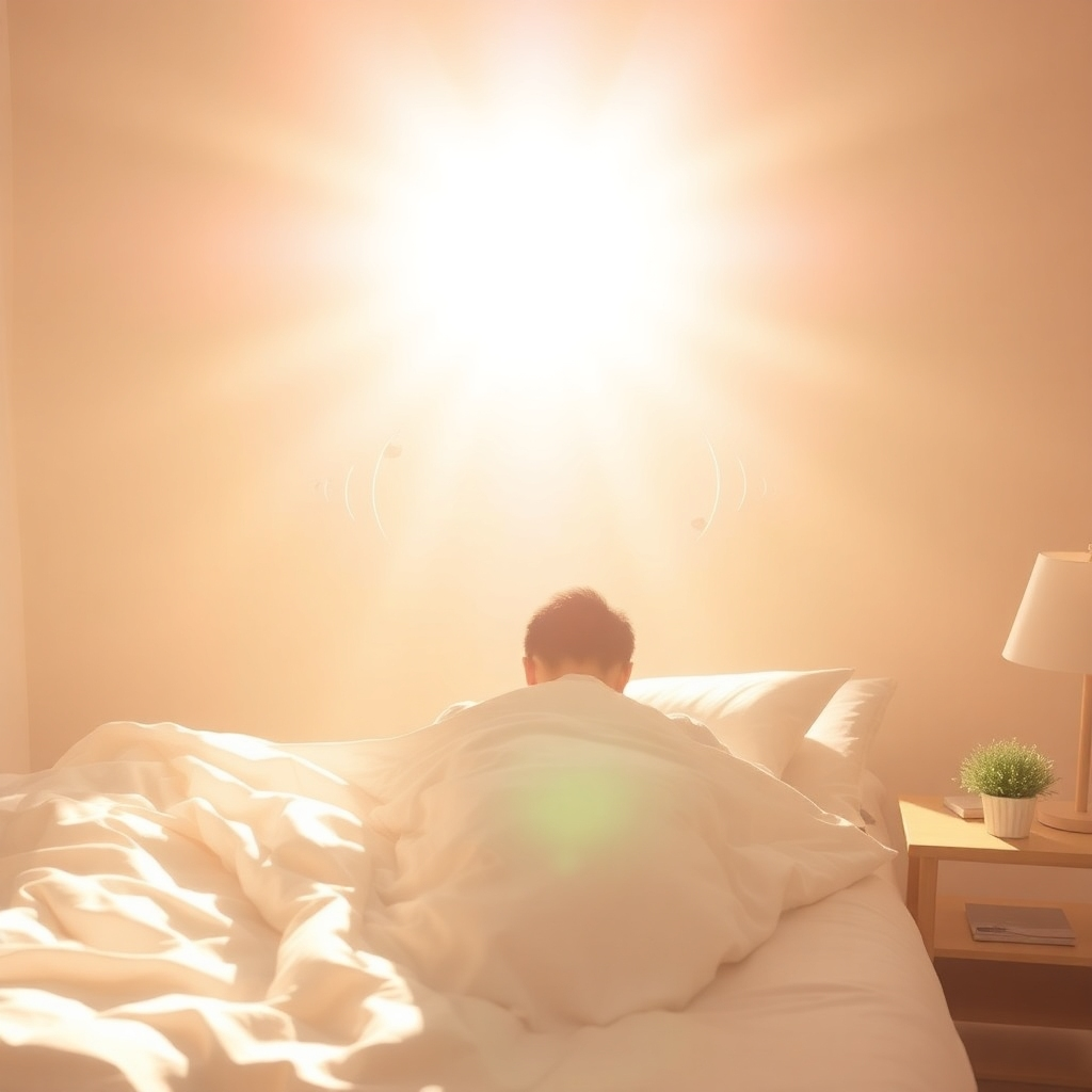 A stylized image of a person waking up in a sun-drenched room, bathed in angelic light. Gentle sound waves emanate from above. The overall composition should evoke a feeling of peaceful awakening and positive energy. Pastel color palette, soft focus.
