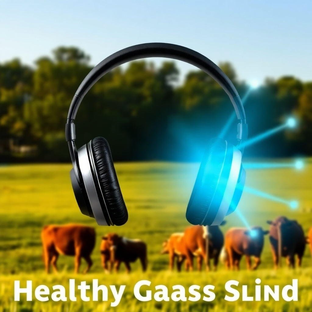 A stylized image of a set of headphones with light waves emanating from them, conveying sound, with a landscape of healthy grass-fed cattle in the background.