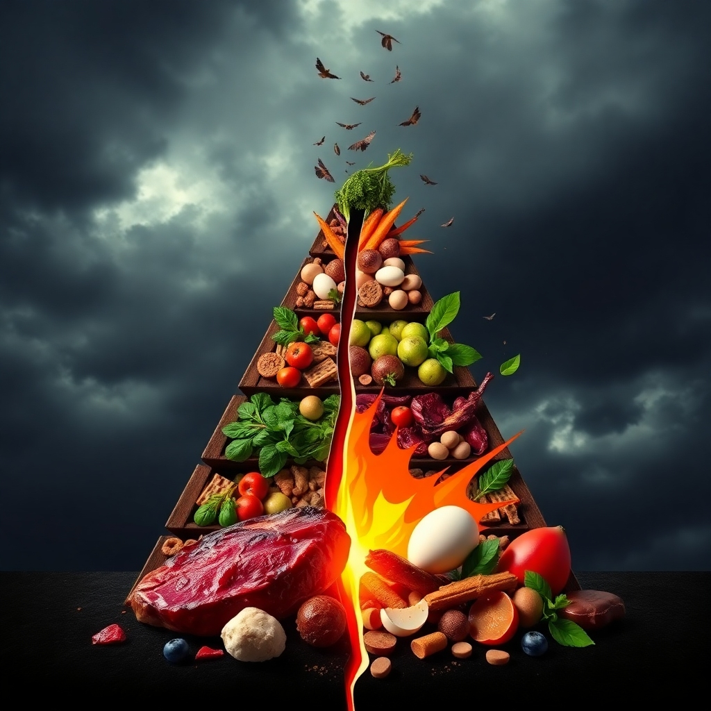 A stylized image of a traditional food pyramid with a crack running through it, with animal products (steak, eggs) bursting out from the base, while plant-based foods are crumbling at the top. The background is a dark, stormy sky, symbolizing the challenge to conventional wisdom. The color palette is predominantly dark and muted, with a burst of vibrant red and orange emanating from the animal products. Style reference: Bold, impactful. 4K resolution, high quality, with a focus on visual symbolism.