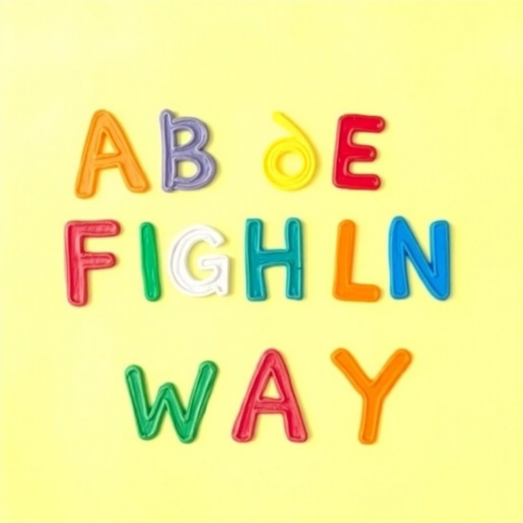 A stylized image of a vibrant art project made by a child, featuring colorful letters of the alphabet and playful drawings.  The style should be bright and childlike, encouraging creativity and self-expression. Resolution: 4K, high quality