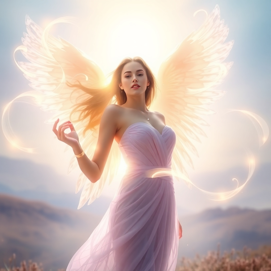 A stylized image of a woman bathed in soft, ethereal light, with translucent angel wings gently unfurling behind her. She is surrounded by swirling, golden energy representing angelic frequencies. The background is a soft, dreamy landscape. Colors: Pale blues, gold, and lavender. Style: Ethereal and dreamy, with a focus on light and texture. Camera angle: slightly low, to emphasize the sense of empowerment.