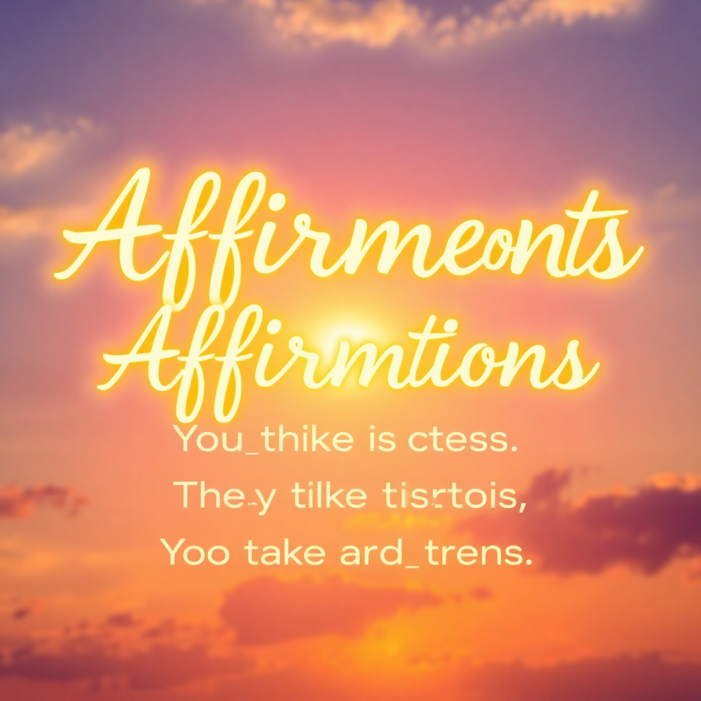 A stylized image of affirmations written in glowing, flowing script across the sky. The letters are made of light and energy, creating a sense of power and transformation. The background is a sunrise, symbolizing new beginnings and possibilities. Colors: Bright yellows, oranges, and pinks. Style: Uplifting and inspiring, with a focus on clarity and positive energy.