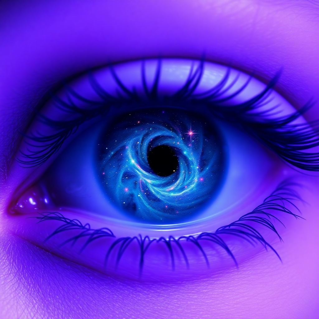 A stylized image of an eye opening, with swirling galaxies contained within the iris. Gentle sound wave patterns emanate from the eye. The overall color scheme is violet and indigo, evoking a sense of mysticism and heightened awareness. Style: surreal and ethereal. Technical specs: 4k resolution, vibrant color grading.