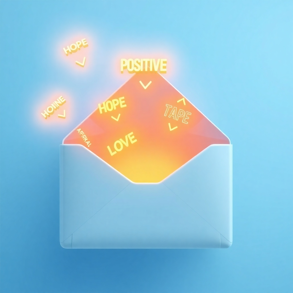 A stylized image of an inbox with glowing positive affirmations emerging from it, symbolizing hope and positivity.  Style: Bright, clean and modern. Color palette: bright, uplifting colors. Technical Specs: 4K resolution