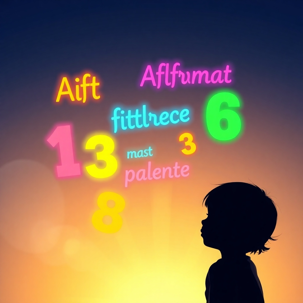 A stylized image of bright, colorful affirmations and numbers floating gently, surrounded by a soft, radiant glow. A child's silhouette is subtly visible in the background, conveying a sense of positivity and joy. Resolution should be 4K. The style should be inspired by children's books and should showcase the power of positivity.