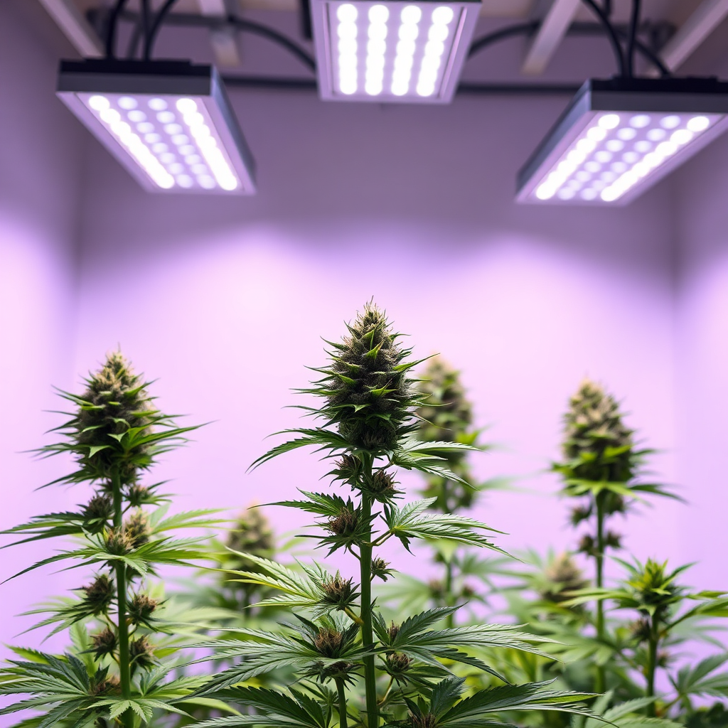 A stylized image of four healthy cannabis plants growing indoors under LED grow lights. The plants are vibrant and lush. The background is a simple, controlled environment. Lighting is bright and focused. The color palette is dominated by greens and whites. The camera angle is a medium shot, showcasing the plants and their growth environment.
