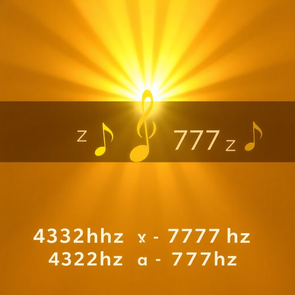 A stylized image of musical notes emanating a soft golden light, symbolizing the power of 432hz and 777hz frequencies. The style is ethereal and spiritual, evoking feelings of healing and transformation. 4K resolution.