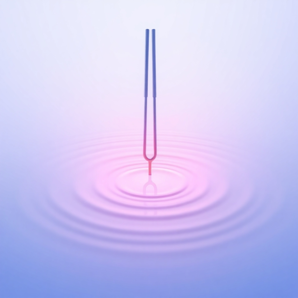 A stylized image of sound waves emanating from a tuning fork, creating a ripple effect of calmness and clarity. The color palette is soft and soothing, with blues and purples. The background is minimalist and clean. 4k resolution, high quality.