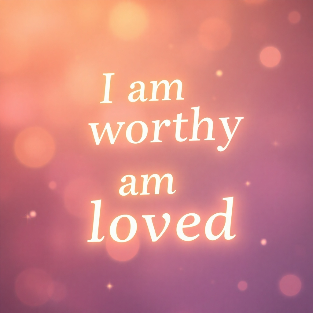 A stylized image of text floating in the air, glowing with a soft, golden light. The text contains positive affirmations such as 'I am worthy' and 'I am loved'. The background is a soft, bokeh effect with hints of celestial patterns. Color palette: warm golds, pinks, and purples. Style: ethereal, inspiring. Technical specs: 4K, high quality.