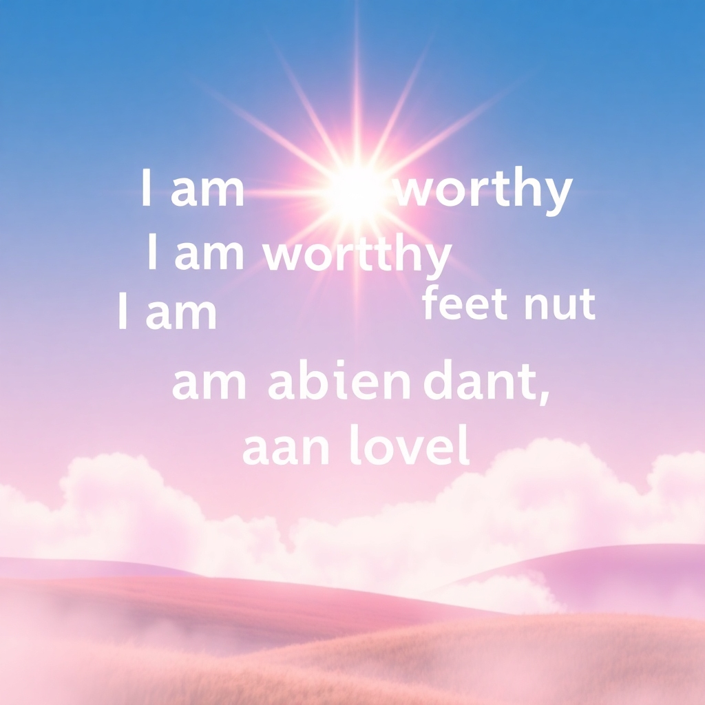 A stylized image of words floating in the air, radiating light and energy. The words are positive affirmations like 'I am worthy,' 'I am abundant,' and 'I am loved.' The background is a soft, dreamy landscape. Use a color palette of bright, vibrant colors to convey a sense of positivity and empowerment.