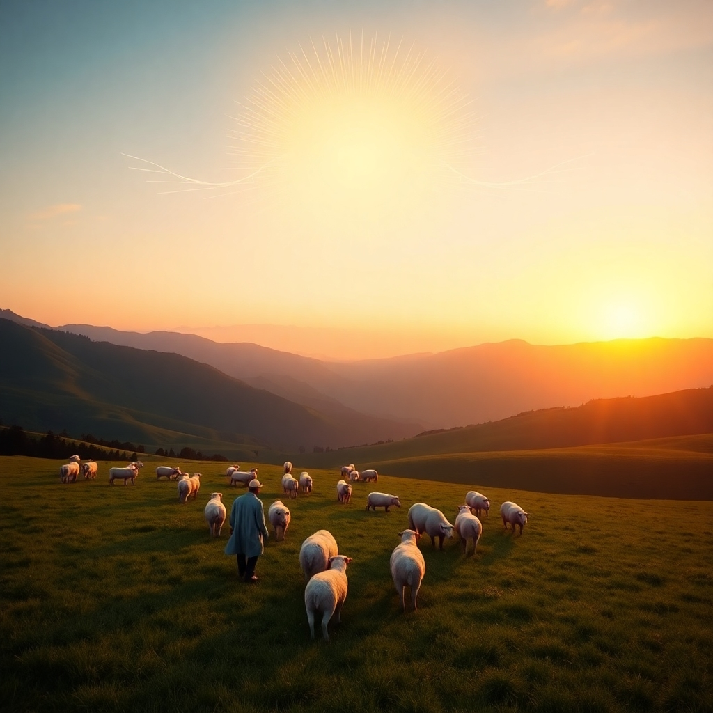 A stylized image representing the essence of Psalm 23 and 777Hz healing frequencies. Visualize a tranquil landscape at twilight, featuring a shepherd tending to a flock of sheep in a lush, green valley. Above them, a radiant halo of golden light emanates from the sky, subtly incorporating the 777Hz frequency pattern as visual waves. The color palette should be warm and inviting, using earthy tones and soft, glowing highlights. Consider adding subtle details representing musical notes or sound waves to emphasize the healing aspect. The camera angle is a wide shot, capturing the entire scene and conveying a sense of peace and serenity. Style reference: Inspired by digital art with a touch of impressionism, focusing on creating a sense of emotional depth and spiritual connection. Technical specs: 4K resolution, high-quality rendering with attention to detail and atmospheric effects.