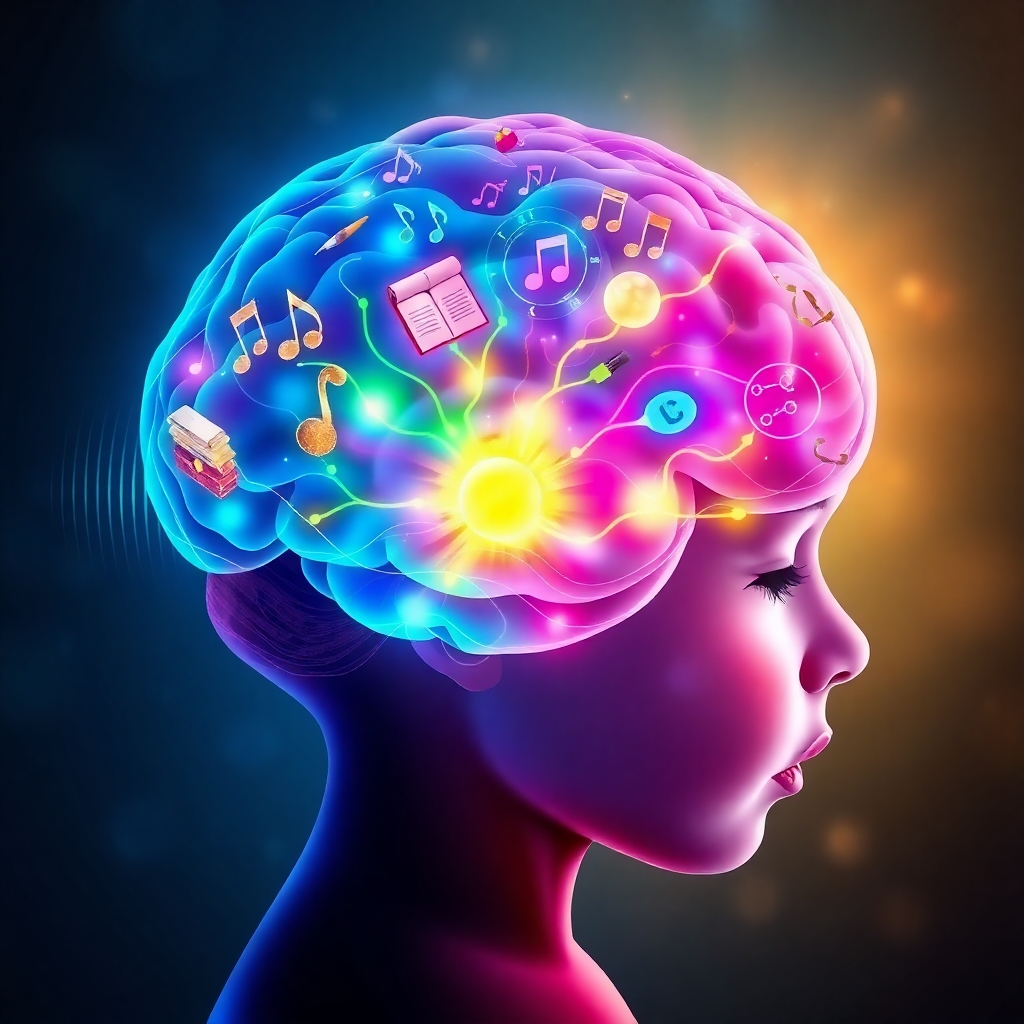 A stylized image representing a child's brain illuminated with vibrant colors and interconnected pathways. Within the brain, visualize symbols of learning: books, musical notes, mathematical equations, and artistic brushes. Sound waves gently emanate from the brain, symbolizing the power of sound healing. The overall composition should be abstract yet representational, conveying the concept of enhanced learning and cognitive development. Lighting should be soft and ethereal, with a focus on highlighting the interconnectedness of the brain pathways. The color palette should be rich and diverse, with blues, purples, greens, and golds dominating. Camera angle is a close-up, emphasizing the intricate details of the brain. Style reference: Modern and visually appealing, similar to infographics explaining complex concepts. Technical specs: 4K resolution, high quality.