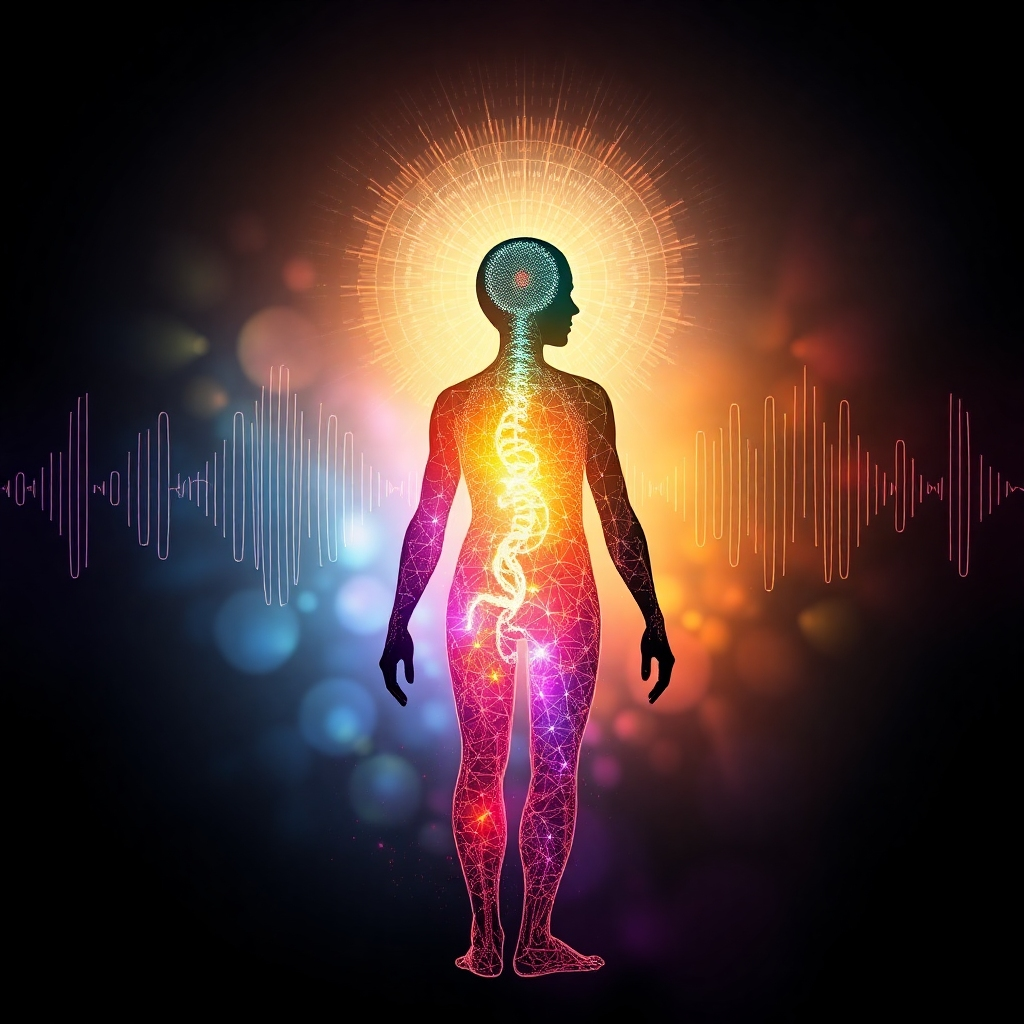 A stylized image representing sound waves interacting with the human body. The body is depicted as a silhouette filled with intricate patterns of light and color, responding to the sound frequencies. The colors shift and change dynamically, reflecting the healing power of sound. The style is abstract and ethereal, emphasizing the energetic nature of sound healing. 4K resolution.
