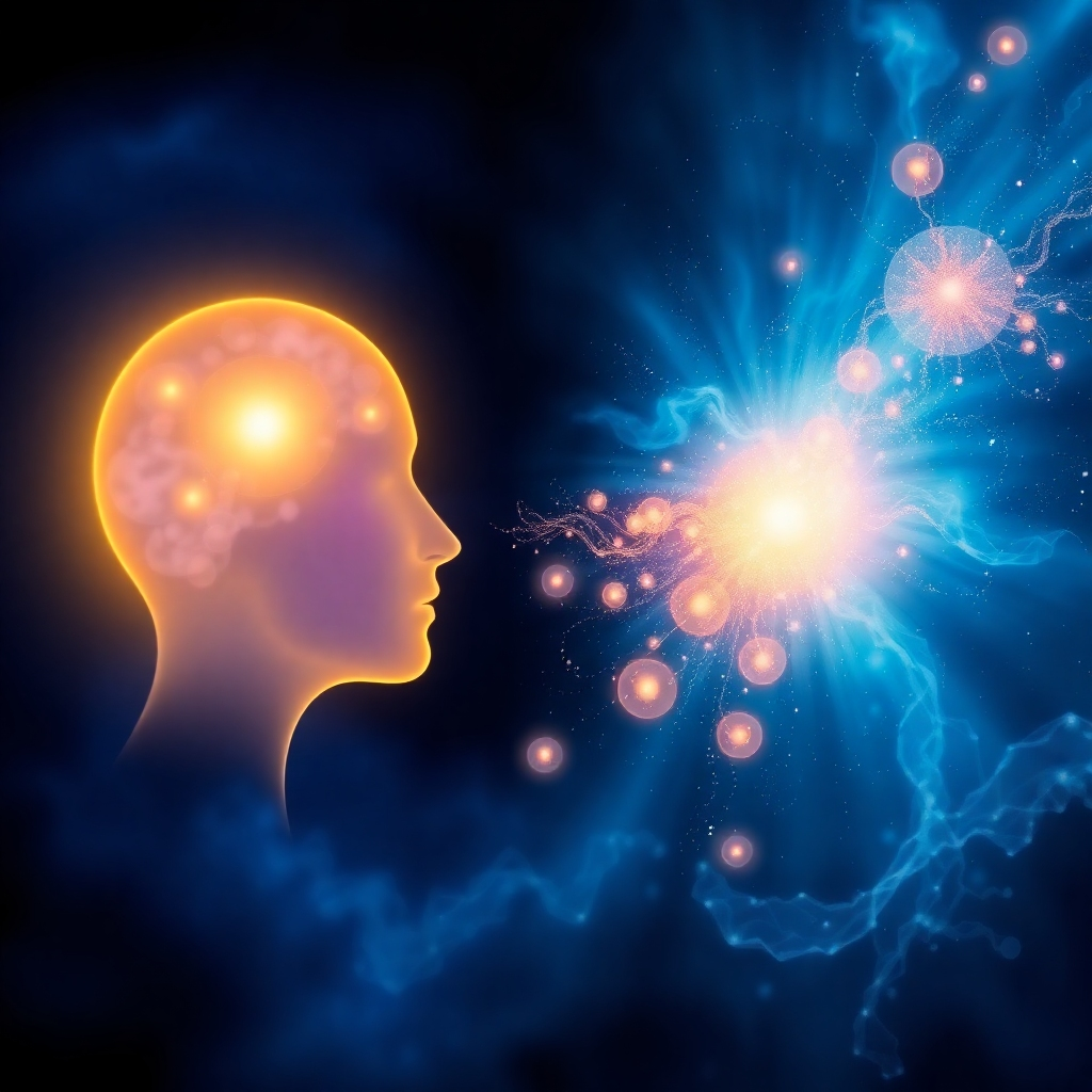 A stylized image representing the conscious and subconscious mind. The conscious mind is depicted as a brightly lit, organized space, while the subconscious is a vast, darker space filled with potential energy. Positive affirmations, depicted as glowing orbs of light, are shown moving from the conscious mind into the subconscious, gradually illuminating and transforming the darker space. Use a color palette of blues, purples, and golds to create a sense of mystery and transformation. The style should be ethereal and inspiring, conveying the power of the mind to shape reality.