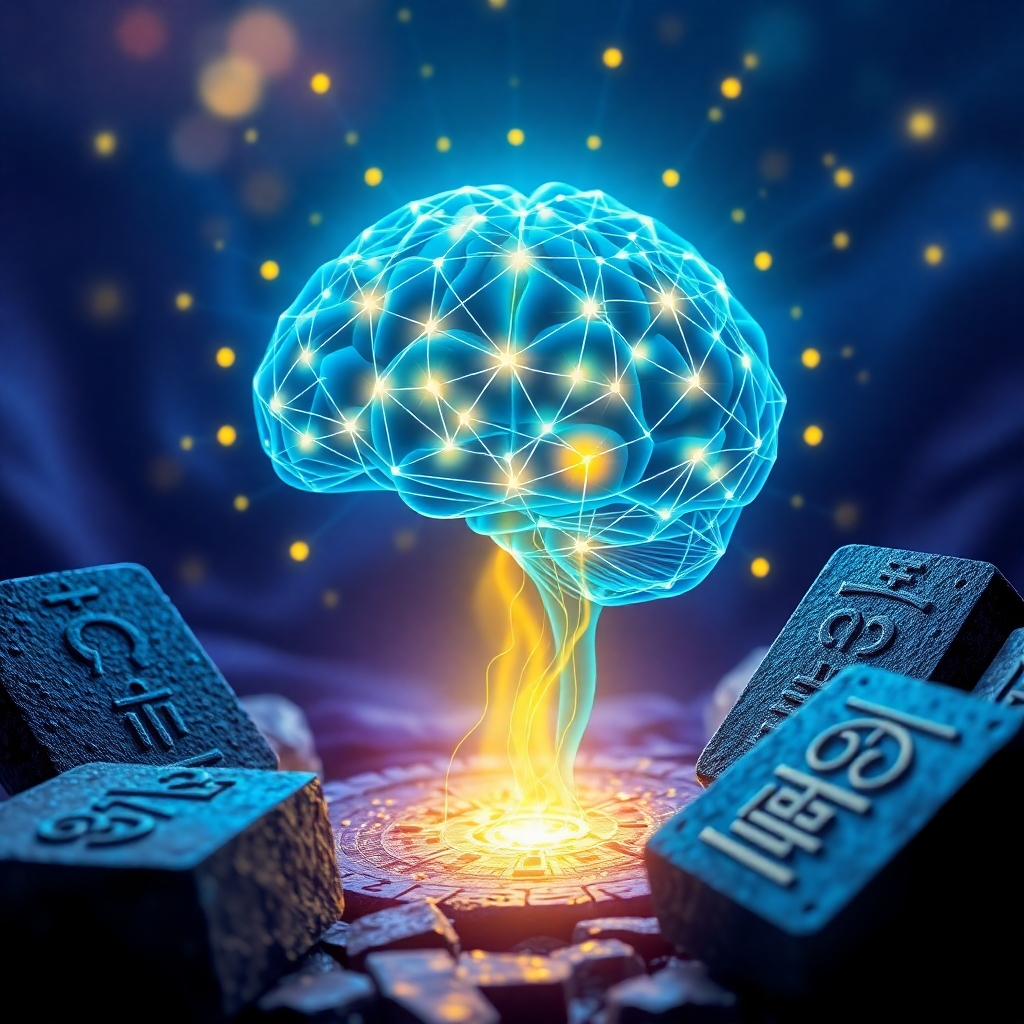 A stylized image representing the core of Unplugged Matrix. Depict a glowing brain intertwined with geometric patterns and binary code. Radiating light emanates from the brain, illuminating ancient symbols etched into stone tablets nearby. The color palette uses deep blues and purples, accented by gold highlights. Camera angle: a slightly elevated perspective, showcasing the interconnectedness of the elements. Details: textures on the stone tablets, intricate glowing patterns within the brain, and bokeh effects in the background. Style references: a blend of modern digital art and ancient mystical imagery. Technical specs: 4K resolution, high quality with detailed textures and vibrant lighting.