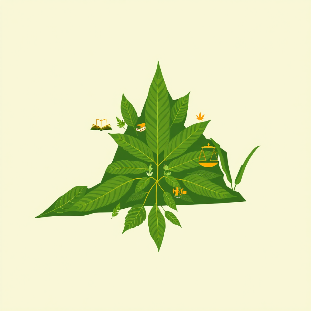 A stylized image representing the Virginia Cannabis Hub. Depict a network of interconnected cannabis leaves forming the shape of the state of Virginia. Within the leaf veins, include subtle icons representing education (books), cultivation (gardening tools), community (people holding hands), and law (scales of justice). The color palette should be primarily green, with accents of gold and earthy tones. The style should be modern and clean, with a focus on conveying information and connection. Aim for a 4K resolution image with a high level of detail and visual appeal. The overall feeling should be informative, welcoming, and community-focused.