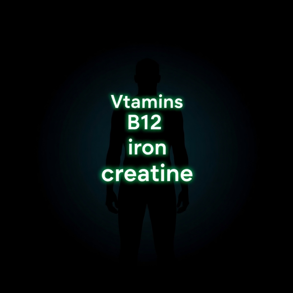 A stylized image representing nutrient deficiencies. A silhouette of a person is gradually fading away, with key vitamins and minerals (B12, iron, creatine) highlighted in a faint, glowing text. The background is a dark, empty space, emphasizing the feeling of depletion. The color palette is predominantly dark and muted, with subtle hints of blue and green to represent the missing nutrients. Style reference: Minimalist, symbolic. 4K resolution, high quality, with a focus on lighting and visual clarity.