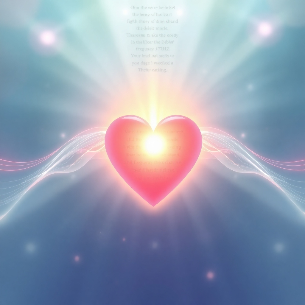 A stylized image representing the intersection of faith and sound healing. Depict a glowing heart chakra, overlaid with subtle KJV Bible verses and interwoven with 777Hz frequency waves visualized as gentle, flowing patterns of light and color. Colors should be pastel and calming: soft blues, greens, and pinks. The overall impression is one of peace, harmony, and spiritual awakening. The image should evoke a sense of inner peace and divine connection. Style: digital art, similar to Alex Grey's visionary art but more subtle and less psychedelic. 4K resolution, high quality.