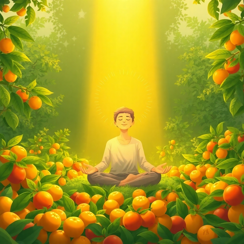 A stylized image representing the concept of spiritual abundance. Visualize a person meditating in a serene garden filled with lush greenery and overflowing with ripe fruits. Above them, golden light streams down from the heavens, forming a radiant halo. Incorporate subtle visual representations of sound waves emanating from the person, symbolizing the high-frequency music. The person should appear peaceful and content, radiating positive energy. Style: A blend of photorealistic and illustrative elements, inspired by the art of Josephine Wall. The color palette should be warm and inviting, with gold and green as dominant colors. 4K resolution, high-quality rendering.