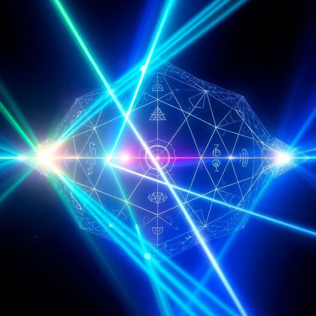 A stylized image representing beams of light intersecting and forming complex geometric patterns. Within these patterns, subtle symbols and codes are visible. The color palette is vibrant and luminous, with a focus on blues, greens, and purples. A wide-angle shot captures the expansive nature of the light patterns. The environment is a dark, infinite space, emphasizing the contrast between light and darkness. Style: Inspired by sacred geometry and light art, rendered in 4K resolution for clarity and brilliance.