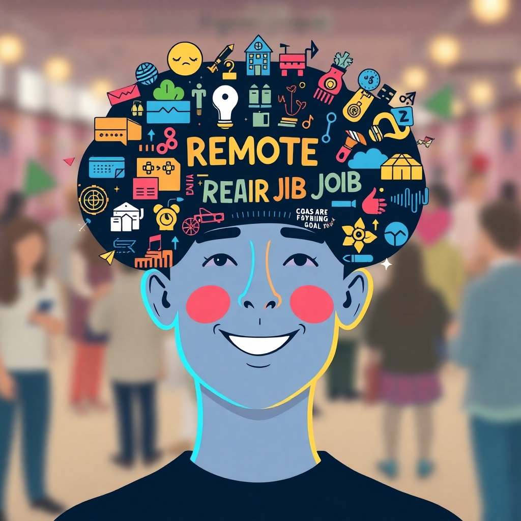 A stylized image representing a person's mind creating a detailed vision board of their ideal remote job. The vision board is filled with inspiring images, words, and symbols that represent their goals and aspirations. The person's face reflects a sense of excitement and anticipation. The background is a softly blurred image of a thriving remote work community. The color palette should be vibrant and inspiring, using a mix of all colors to evoke feelings of possibility and potential.