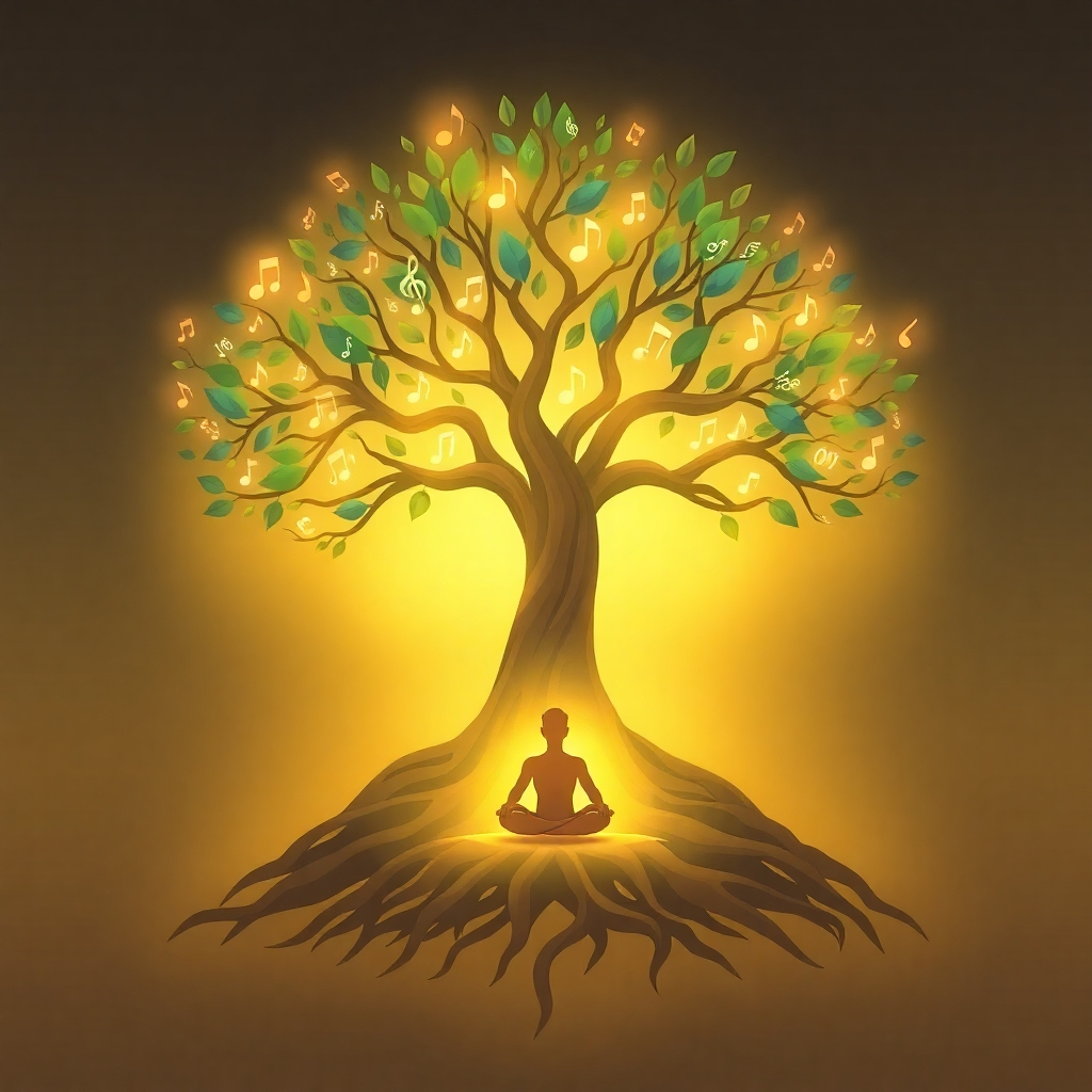 A stylized image representing the core principles of Carnivore Found Me. The central element is a stylized Tree of Life, with its roots firmly planted in the earth and its branches reaching towards the heavens. Intertwined within the branches are musical notes and glowing affirmations, subtly visualized as light patterns. At the base of the tree, a figure meditates, bathed in a soft, golden light. The color palette includes earthy tones for the roots and trunk, vibrant greens and blues for the branches, and golden hues for the affirmations and light. The style should be a blend of photorealism and artistic interpretation, emphasizing the spiritual and harmonious aspects. The environment is a tranquil and ethereal space. 4K resolution, high quality.