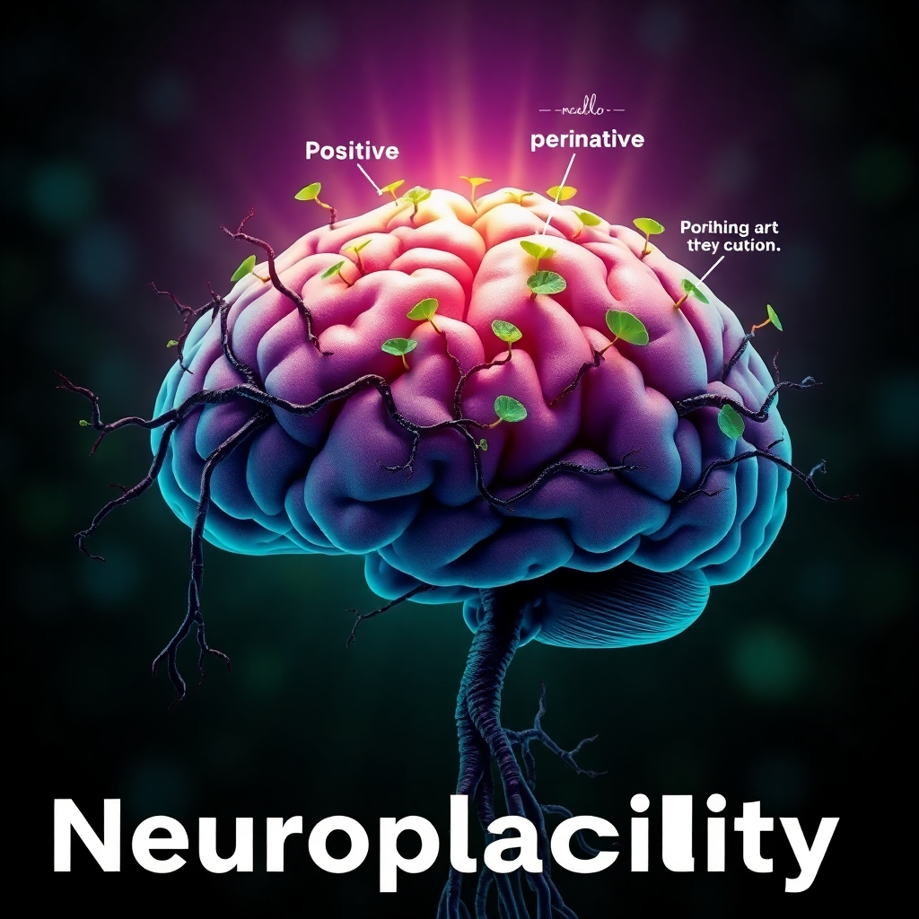 A stylized image representing neuroplasticity in the brain. Depict a brain with branching, growing neural pathways resembling vines or tree roots. Some pathways are withered and dark, while others are vibrant and flourishing, symbolizing the potential for growth and change. Positive affirmations are depicted as beams of light shining on the flourishing pathways, promoting their growth. The overall color palette is vibrant and dynamic, featuring a range of greens, blues, and purples. The camera angle is a wide shot, showcasing the entire brain and the network of neural pathways. 4K resolution, high quality, conveying a sense of hope, possibility, and the brain's remarkable capacity for adaptation.