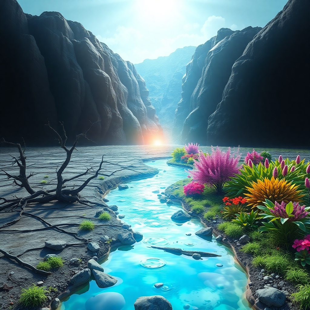 A stylized image representing the concept of restoration and renewal. Visualize a barren landscape transforming into a lush, vibrant garden as waves of light and sound flow through it. The color palette shifts from muted tones to bright and vibrant colors. Style reference: digital art with a focus on transformation and growth. Technical specs: 4K resolution, high-quality rendering with dynamic visual effects and detailed textures.