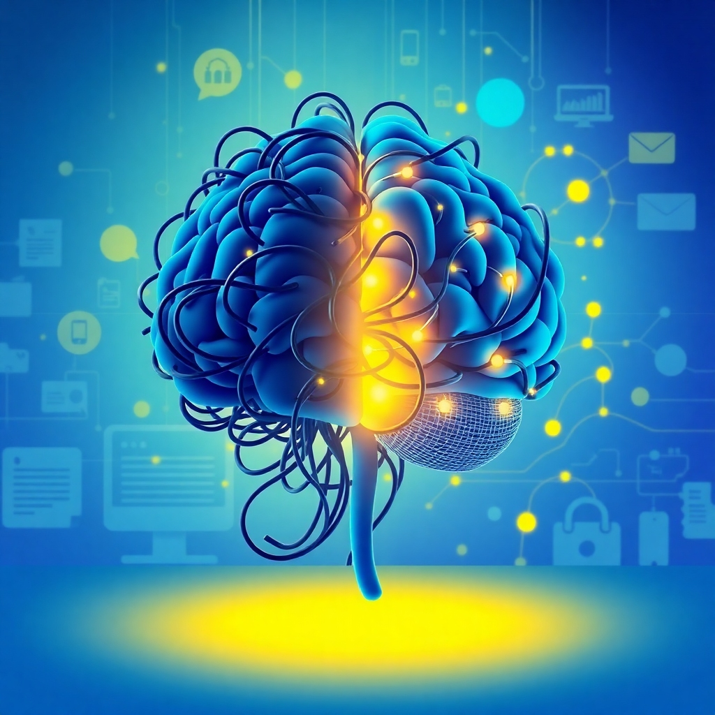 A stylized image representing the concept of mindset transformation. Visualize a brain gradually transforming from a tangled, chaotic mess of wires into a clean, organized network illuminated by vibrant light. The background should feature abstract representations of remote work tools and environments. Use a vibrant color palette with blues, greens, and golds to convey calmness, growth, and positivity. Style: a blend of abstract art and scientific illustration. Lighting should be soft and diffused, emphasizing the transformation. 4K resolution, high quality, with a focus on intricate details and smooth gradients.