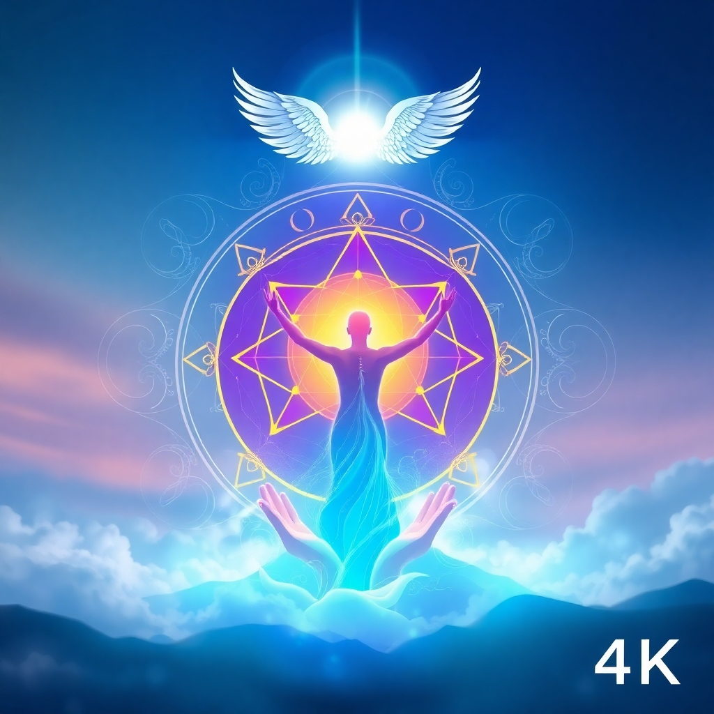 A stylized image representing the journey of self-discovery. The central figure is a person emerging from a cocoon of light, symbolizing transformation and awakening. Around them are swirling patterns of sacred geometry, representing ancient wisdom. Above, subtle angelic wings are visible, symbolizing guidance and protection. Use a vibrant color palette of blues, purples, and golds to convey a sense of enlightenment and spiritual growth. The background is a soft, dreamlike landscape. Focus on creating a feeling of hope, peace, and empowerment. 4K resolution, high quality.