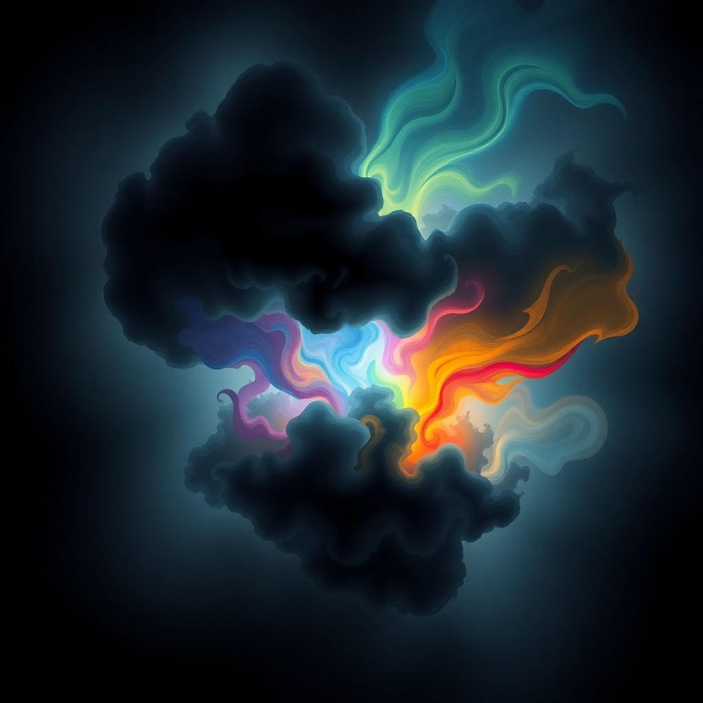A stylized image representing the breaking of energetic blockages. Imagine a dark, cloudy formation gradually dissipating as light and vibrant colors emerge from within. The style should be abstract and symbolic, using swirling patterns and contrasting colors to convey the sense of release and transformation. The lighting should shift from dark and muted to bright and vibrant. This image should evoke a sense of liberation and renewal.