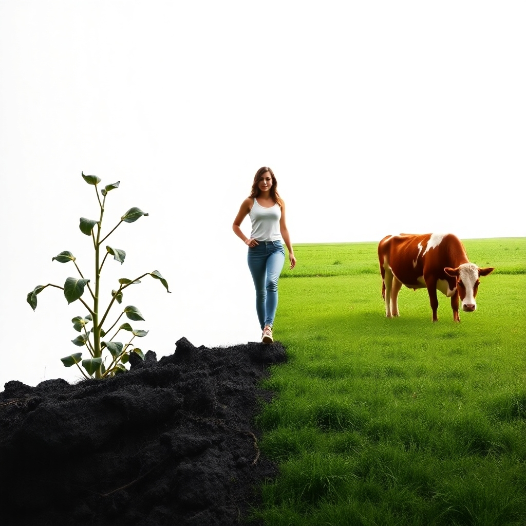 A stylized image representing the transformation from plant-based restriction to carnivore freedom. On one side, a wilted plant with desaturated colors symbolizes the limitations of a plant-based diet. On the other side, a vibrant, healthy cow grazing in a lush pasture represents the abundance of a carnivore lifestyle. In the center, a woman steps confidently from the wilted plant area towards the thriving pasture, with a look of determination and newfound energy. The lighting shifts from dull and muted to bright and vibrant as the woman progresses. The color palette transitions from grayscale and muted greens to rich greens, browns, and reds. The composition is symmetrical, emphasizing the contrast between the two lifestyles. Style reference: Semi-abstract, symbolic. 4K resolution, high quality, with attention to detail and impactful visual storytelling.