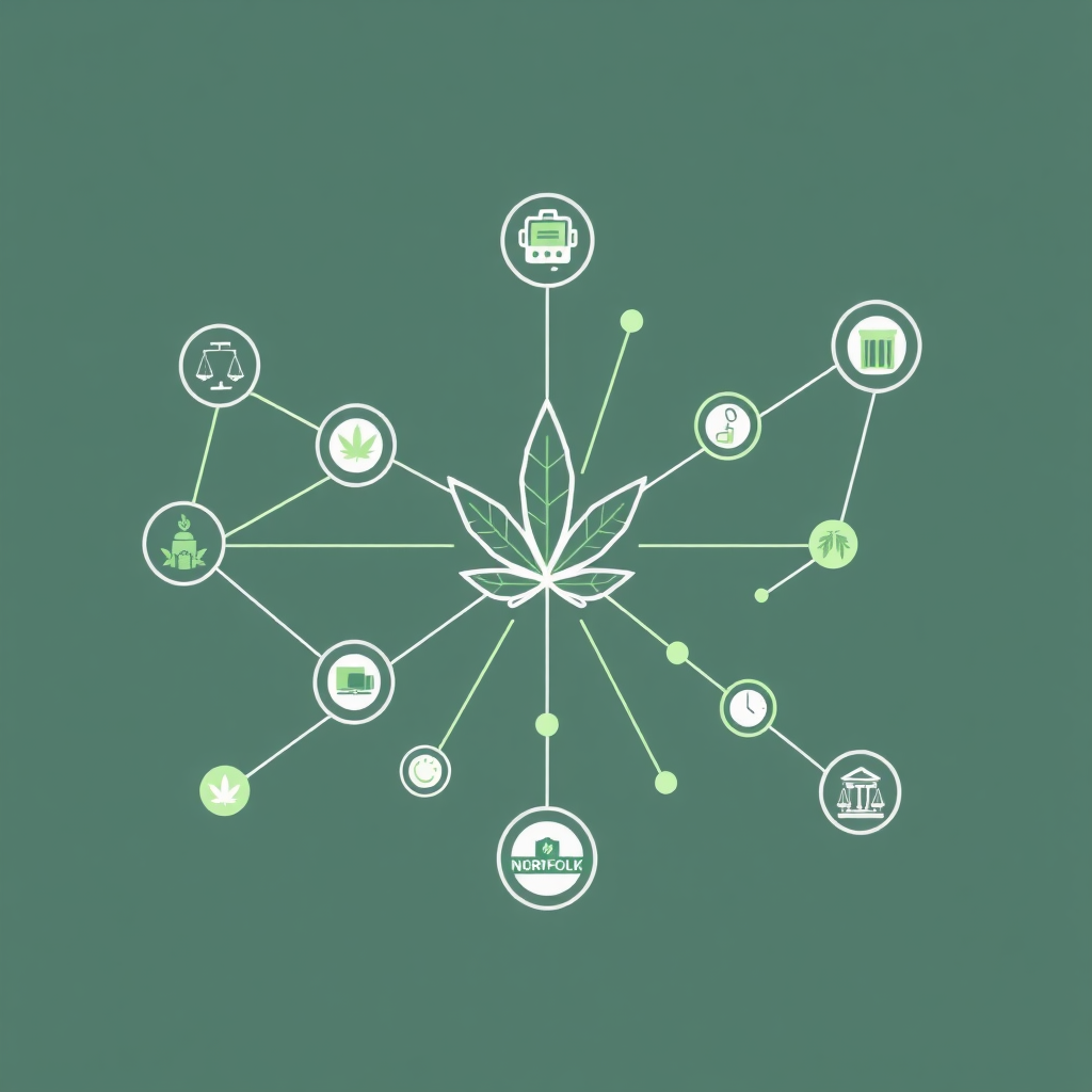 A stylized image representing the intersection of cannabis culture and legal compliance in Norfolk. Imagine a modern, clean design featuring interconnected nodes, each representing different aspects of the cannabis industry (cultivation, retail, regulation). Use a color palette of greens, grays, and blues to evoke a sense of trustworthiness and sophistication. The overall composition should be balanced and harmonious, with subtle animations or visual effects to add depth and interest. Aim for a 4K resolution, high-quality image that is both informative and visually appealing. Style should be modern and minimalist.