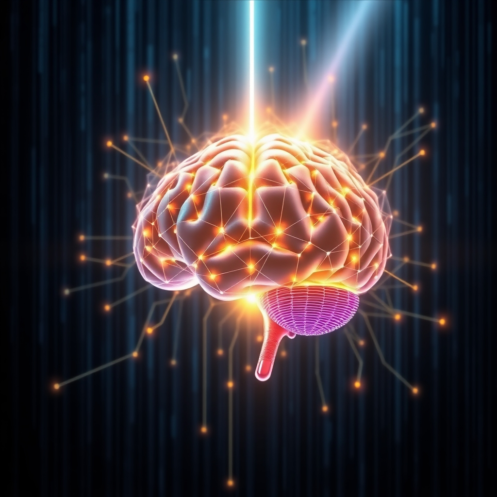 A stylized image representing the core mission of Unplugged Matrix: Reprogramming the mind for manifestation. Subject: A stylized brain composed of interconnected geometric patterns and light pathways. The brain is partially encased in a dissolving, digital matrix, with vibrant light emanating from within. Composition: The brain is centered, with the dissolving matrix surrounding it. Above the brain, a single, focused beam of light pierces through, symbolizing clarity and divine connection. Lighting: A contrast between the cool, sterile light of the matrix and the warm, vibrant light emanating from the brain. Color Palette: Blues and grays for the matrix, contrasted with golds, oranges, and purples for the brain and the light beam. Camera Angle: A slightly elevated angle, showcasing the complexity of the brain and the dissolving matrix. Texture Details: Intricate details in the geometric patterns of the brain, the texture of the dissolving matrix, and the ethereal quality of the light beam. Environment: A dark, undefined space, allowing the focus to remain on the brain and the matrix. Style references: Inspired by the visual style of digital art and sacred geometry. Technical specs: 4K resolution, high-quality rendering.