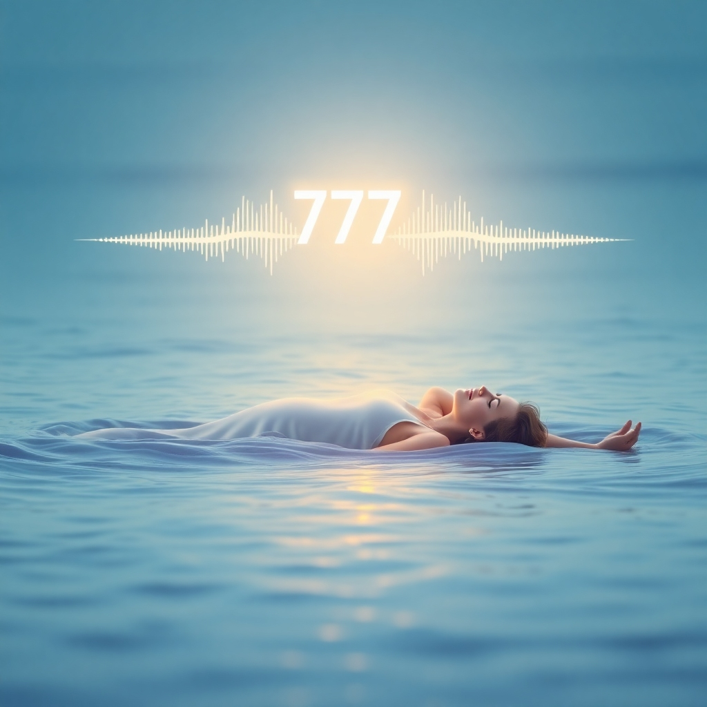 A stylized image representing the concept of sound healing and peaceful sleep. The image features a person lying peacefully on a beach, enveloped in gentle waves. Above the person, a subtle waveform pattern visualizing the 777 Hz frequency is overlaid, glowing softly. The color palette is calming and serene, dominated by blues, greens, and purples. Lighting is soft and diffused, creating a dreamlike atmosphere. The environment is tranquil and inviting, suggesting a deep sense of relaxation. Focus on capturing a sense of serenity and well-being. Include visual elements representing the Norfolk-Portsmouth shoreline. Style reference: abstract digital art. Technical specs: 4K resolution, high quality.