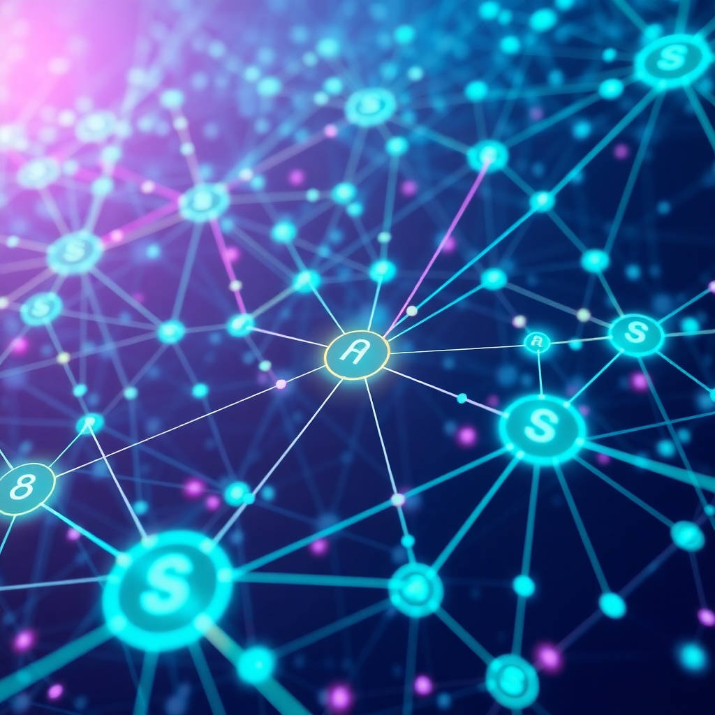 A stylized image representing a complex network of interconnected nodes and pathways. Each node contains a symbol or code. Light flows through the pathways, connecting the nodes. The color palette is a mix of blues, greens, and purples, creating a sense of mystery and intrigue. A wide-angle shot captures the expansive nature of the network. The environment is a digital space, emphasizing the interconnectedness of all things. Style: Inspired by network visualizations and digital art, rendered in 4K resolution for clarity and detail.