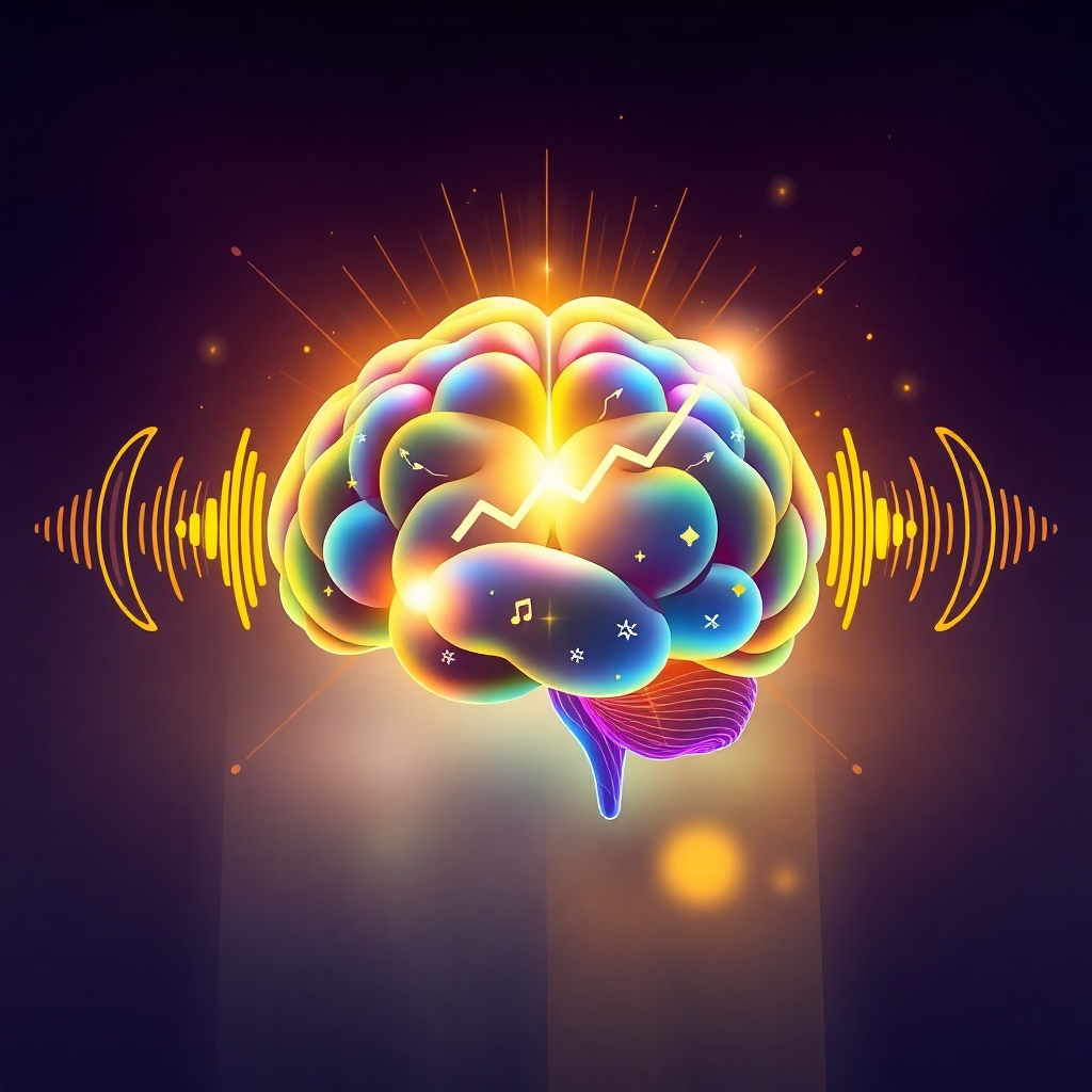 A stylized image representing the fusion of sound healing, positive affirmations, and remote work tools. The image could depict a brain glowing with light, intersected by sound waves and symbols of productivity (e.g., a laptop, a graph). The color palette is vibrant and uplifting, with golds, purples, and blues. Consider a geometric, modern art style. The environment is abstract, representing the subconscious mind. The camera angle is a high-angle shot, showcasing the interconnectedness of these elements. Incorporate subtle textures and patterns to add depth. 4K resolution, high quality.