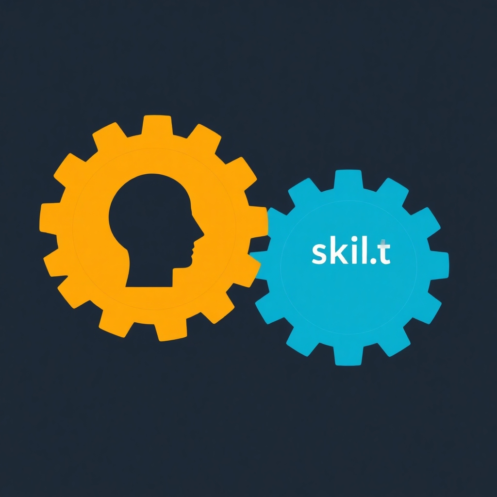 A stylized image representing two interlocking gears, one symbolizing mindset and the other symbolizing skillset. The gears are made of light and move smoothly together, illustrating the integration of both elements for success. Use a bright, optimistic color palette.