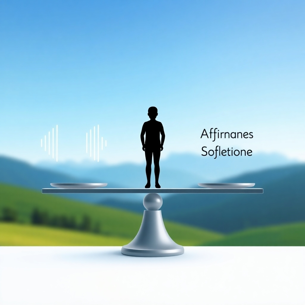 A stylized image representing emotional balance and harmony. Imagine a person standing in the center of a balanced scale, with sound waves on one side and affirmations on the other. The scale is perfectly level, symbolizing emotional equilibrium. The background is a serene landscape with calming colors, such as blue and green. The style should be minimalist and symbolic. Technical specs: High-quality rendering, smooth gradients.
