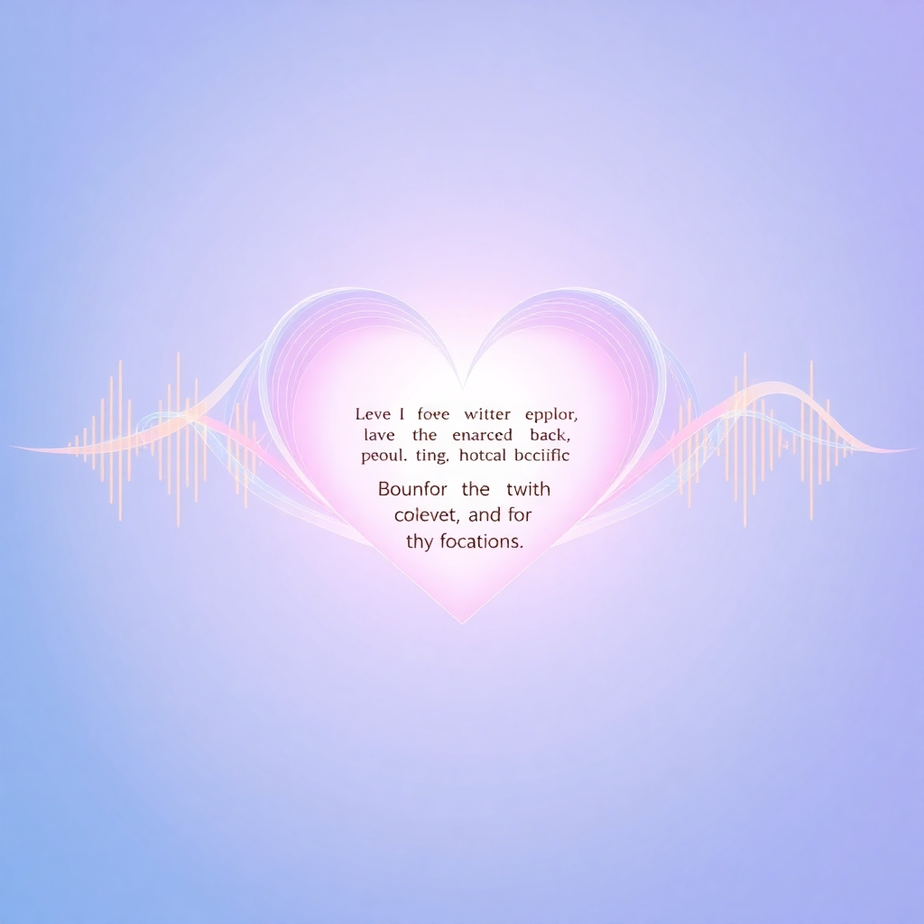 A stylized image representing the core mission of Positive Affirmations Frequency. Imagine intertwined sound waves and written affirmations converging to form a radiant, heart-shaped symbol. The sound waves should be depicted as flowing, colorful energy streams, while the affirmations appear as luminous text subtly embedded within the heart. The background should be a gradient of calming colors, such as light blue and lavender, evoking a sense of peace and tranquility. The overall composition should be balanced and harmonious, reflecting the synergy between sound and affirmations. The style should be a blend of abstract and minimalist design. Consider incorporating subtle geometric patterns to further enhance the visual appeal. Technical specs: 4K resolution, high-quality rendering, smooth gradients.