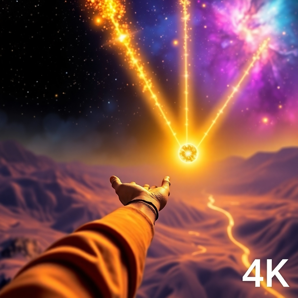 A stylized image representing the law of attraction. Depict a person reaching out towards a shimmering, golden object in the distance. The object represents their desired manifestation. Positive affirmations are visualized as beams of light connecting the person to their desire, creating a powerful energetic connection. The background is a vibrant and dynamic landscape, symbolizing the endless possibilities of the universe. The color palette is rich and saturated, featuring a range of golds, blues, and purples. The camera angle is a wide shot, showcasing the person, their desire, and the connecting beams of light. 4K resolution, high quality, evoking a sense of excitement, possibility, and the power of intention.