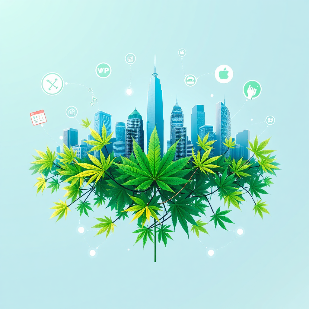 A stylized image representing the core mission of Norfolk City Cannabis Hub. The scene should depict a digital representation of Norfolk's city skyline intertwined with cannabis leaves, forming a network-like structure. Information icons (news, law, economy) should float around the structure, symbolizing the flow of information. The lighting should be bright and modern, with a color palette of blues, greens, and whites to convey trust and clarity. The camera angle should be a wide shot, capturing the entire network and its complexity. Style references: Modern digital art, infographic style. Technical specs: 4K resolution, high quality, focus on clean lines and vibrant colors.