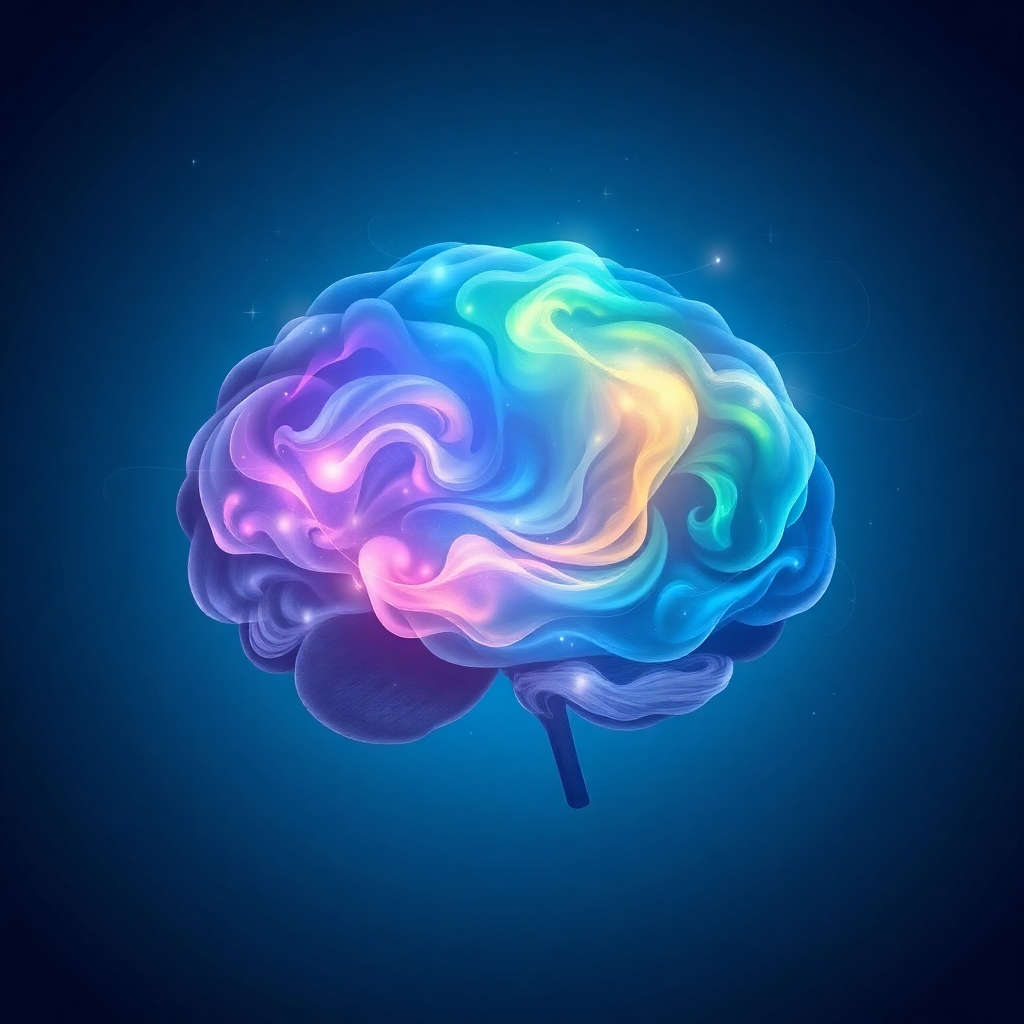 A stylized image representing the concept of subconscious reprogramming during sleep. The central image should be a brain silhouette filled with a vibrant, swirling nebula of colors (blues, purples, greens, and golds). Overlaying the nebula are subtle, flowing lines representing theta waves and positive affirmations. The background is a deep, calming blue with faint stars. The overall style should be artistic and visually appealing, conveying a sense of transformation and healing. Use soft, diffused lighting to create a dreamy and peaceful atmosphere. Consider adding subtle textures to the brain silhouette to give it depth and dimension. 4K resolution, high quality, digital art.