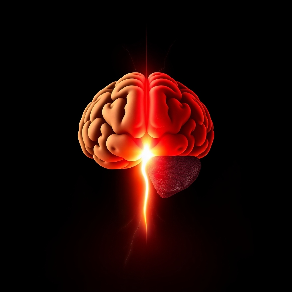 A stylized image representing the moment of discovery. A brain is illuminated with a sudden spark of light as it connects with the image of a juicy steak. The background is dark and abstract, symbolizing the unknown. The color palette is primarily dark with a burst of vibrant red and orange emanating from the connection between the brain and the steak. Style reference: Conceptual, impactful. 4K resolution, high quality, with a focus on lighting and visual symbolism.